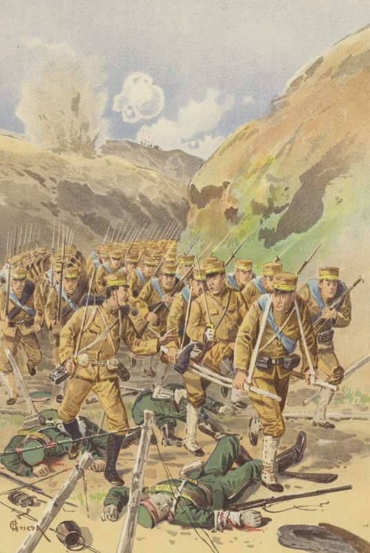 Teğmen Takagi, Tugay Komutanından ilerlemek için izin istiyor (chromolitho) by Japanese School