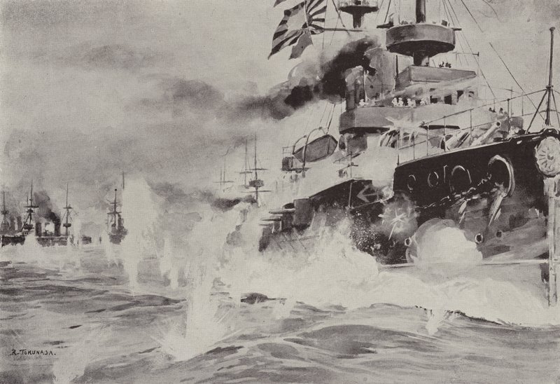 Mikasa, 10 Ağustos'ta Port Arthur açıklarında Rus Filosuna karşı cesurca savaşıyor (taş) by Japanese School