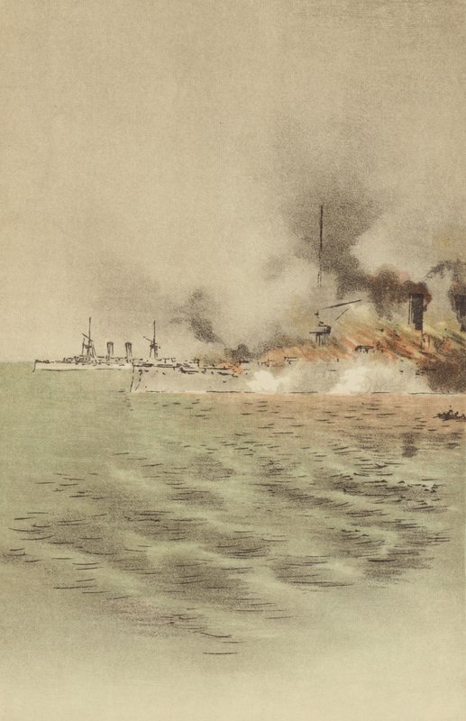 Varyag, Chemulpo'da (chromolitho) yakalanmasını önlemek için kendi ekibi tarafından ateşe verildi. by Japanese School