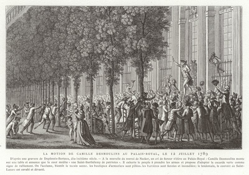 Camille Desmoulins, Palais Royal, Paris, Fransız Devrimi, 12 Temmuz 1789 dışında silahlanma çağrısını yayınladı by Jean Duplessis Bertaux