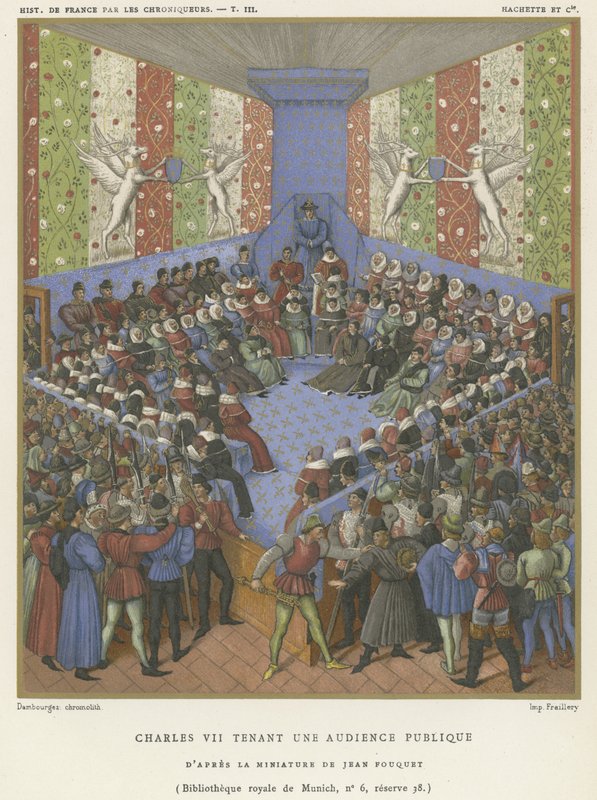 Charles VII, halka açık bir izleyici kitlesi tutuyor (chromolitho) by Jean Fouquet