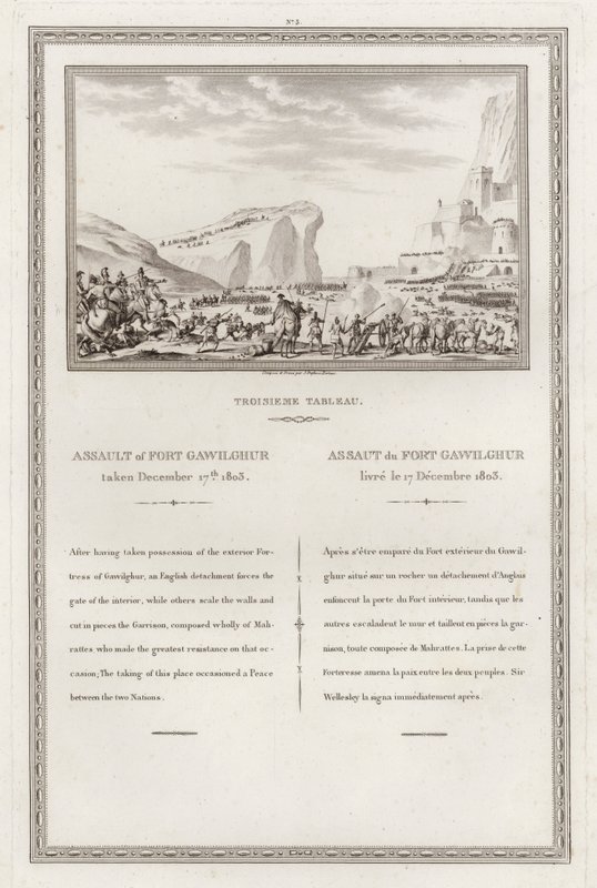Arthur Wellesley komutasındaki İngilizler tarafından Gawilghur kalesinin ele geçirilmesi, İkinci Anglo-Marashtra Savaşı, Hindistan by Jean (after) Duplessi Bertaux