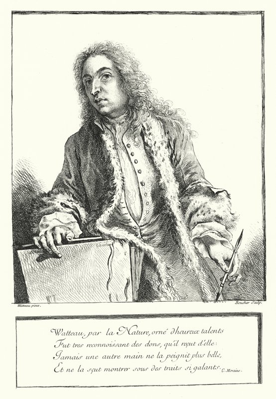 Fransız sanatçı Antoine Watteau'nun otoportresi (gravür) by Jean Antoine (after) Watteau