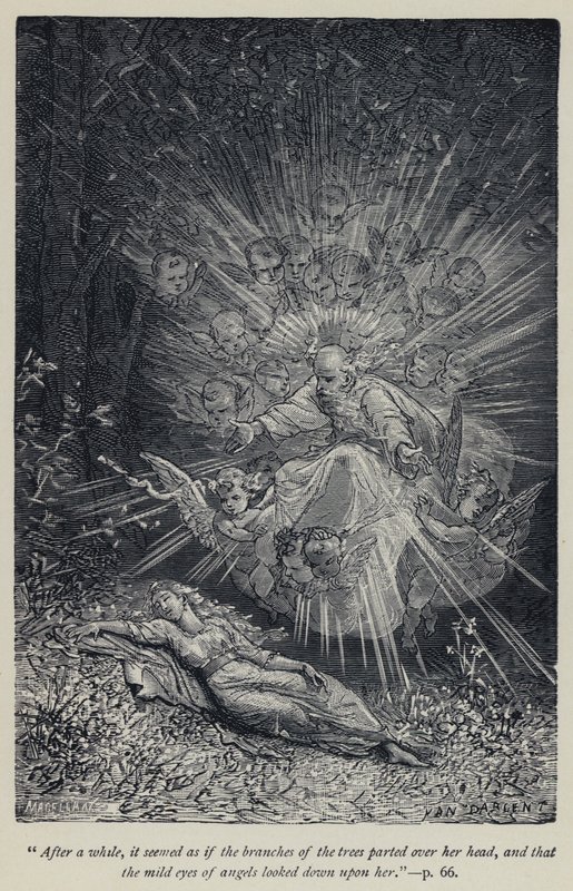 "Bir süre sonra, sanki ağaçların dalları başının üzerinde ayrıldı ve meleklerin yumuşak gözleri ona baktı" (gravür) by Jean Edouard Dargent