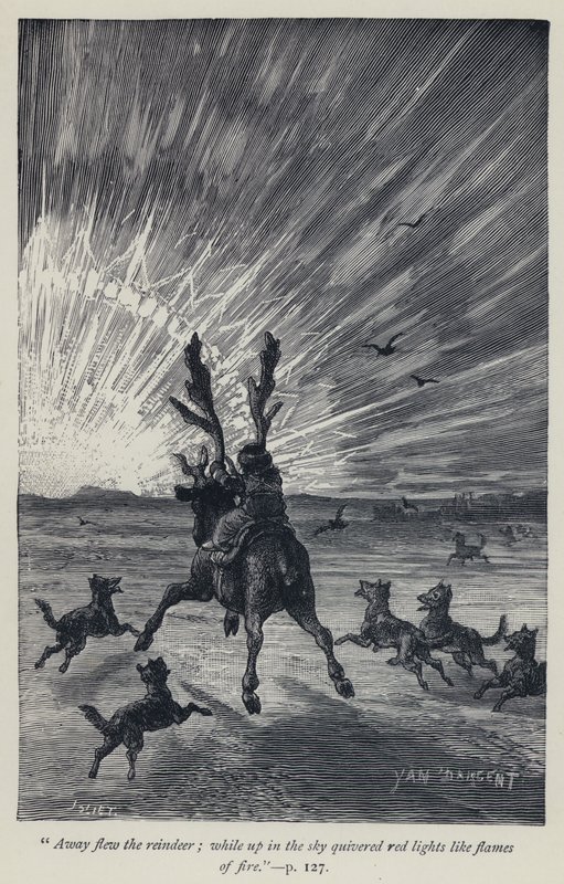 "Ren geyiği uçup gitti, gökyüzünde kırmızı ışıklar ateş alevleri gibi titredi" (gravür) by Jean Edouard Dargent