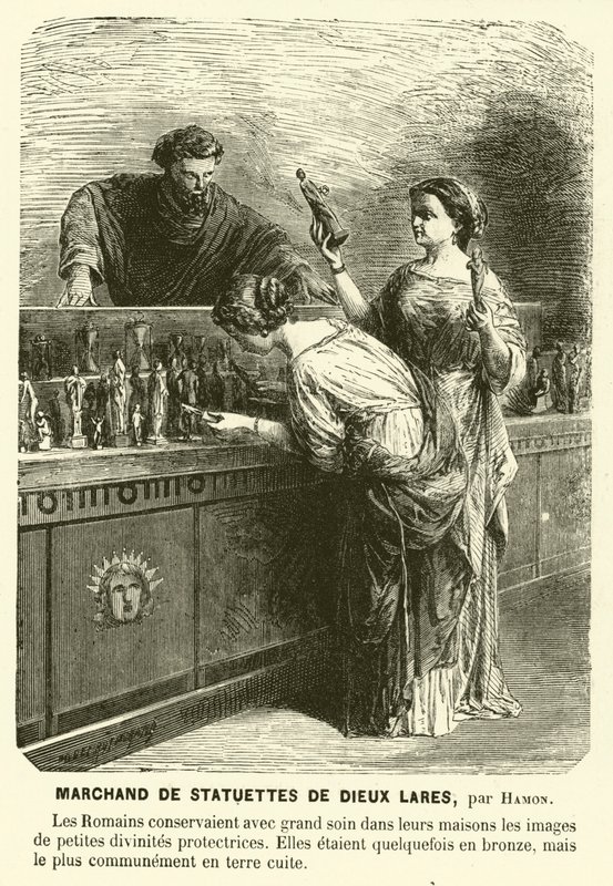 Lares heykelciklerinin satıcısı, antik Roma koruyucu tanrıları (gravür) by Jean Louis Hamon
