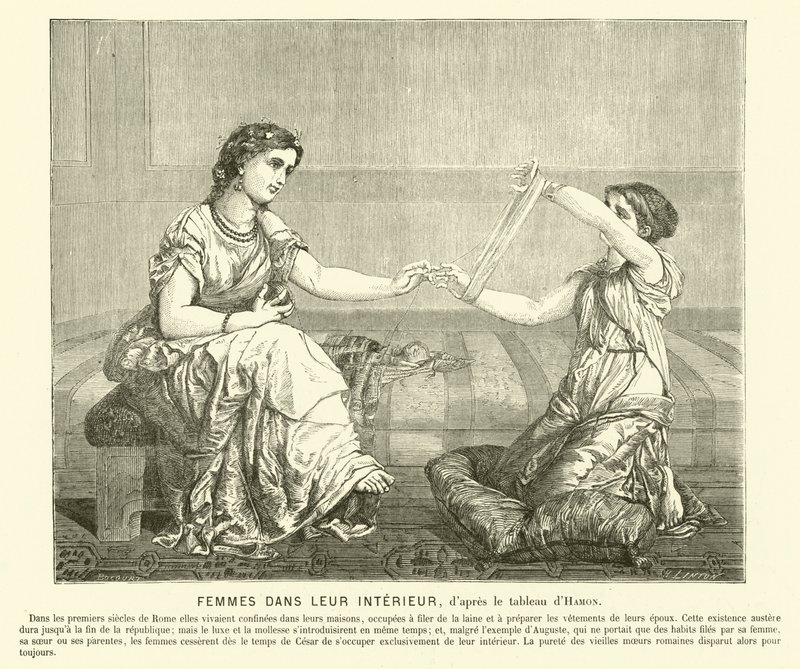 Bir evde yün eğiren kadınlar, antik Roma (gravür) by Jean Louis Hamon