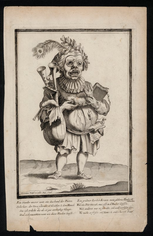 Gayda taşıyan ve tavus kuşu tüyü başlık takan adam, gerçeküstü kostüm baskısı, c1700 (gravür) by Jeremias Wolff