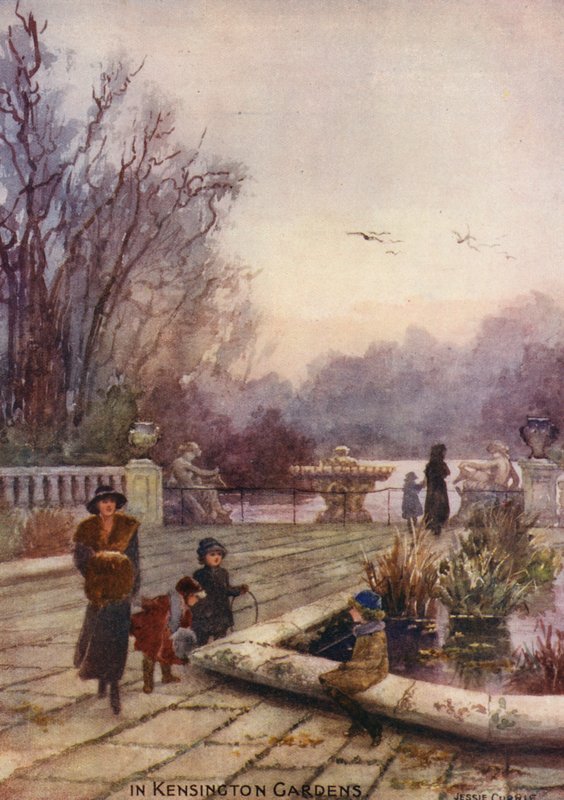 Kensington Bahçelerinde (renkli litografi) by Jessie Currie