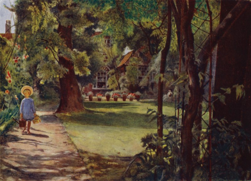 Kelmscott Evi, Bahçe, nehirden bakıyor (renkli taş) by Jessie MacGregor