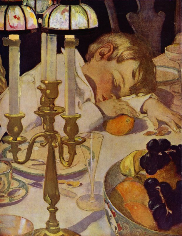 Robin başını koluna dayadı ve gözlerini kapadı (renkli taş) by Jessie Willcox Smith