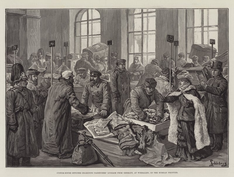 Rusya Sınırındaki Wirballen'de Almanya'dan Gelen Yolcu Bagajını inceleyen Gümrük Memurları by Johann Nepomuk Schonberg