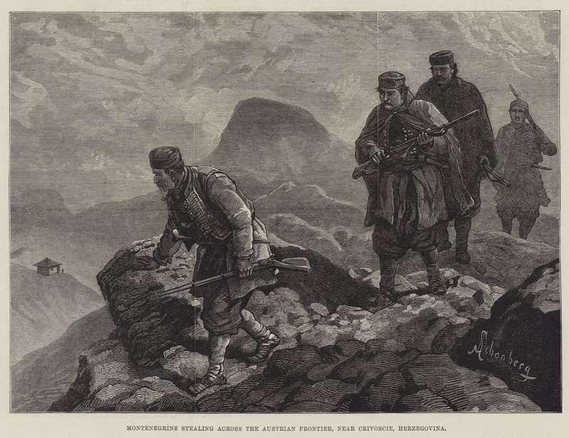 Karadağlılar Avusturya sınırında hırsızlık yapıyor, Hersek, Crivoscie yakınlarında by Johann Nepomuk Schonberg