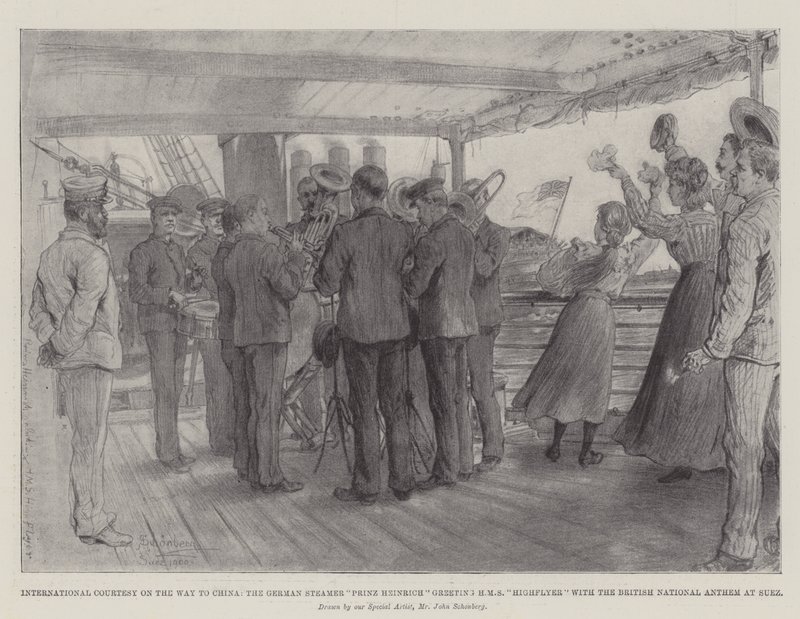 Çin Yolunda Uluslararası Nezaket, Alman Buharlı Gemi Prinz Heinrich, Süveyş'te İngiliz Ulusal Marşı ile HMS Highflyer'ı selamlıyor by Johann Nepomuk Schonberg