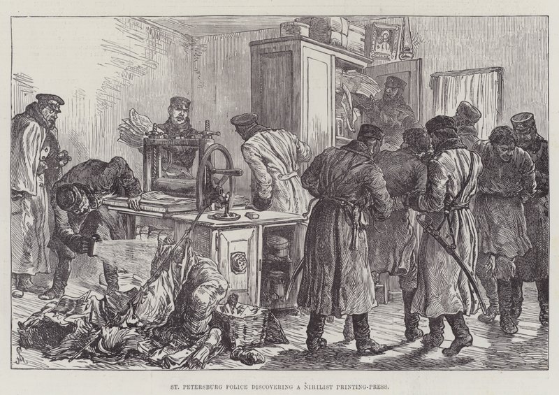St Petersburg Polisi bir Nihlist Matbaası keşfediyor by Johann Nepomuk Schonberg