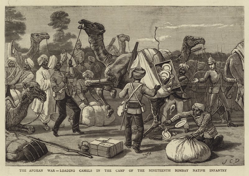 Afgan Savaşı, Ondokuzuncu Bombay Yerli Piyade Kampına Develer yükleniyor by John Charles Dollman