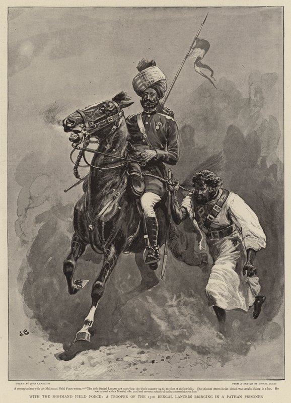 Mohmand Saha Kuvvetleri ile, bir Pathan Tutsağı getiren 13. Bengal Mızraklı Askerlerinden biri by John Charlton