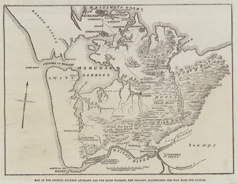 Auckland ve Waikato Nehri, Yeni Zelanda arasındaki Ülke Haritası, Yerlilerle Savaşı gösteren by John Dower