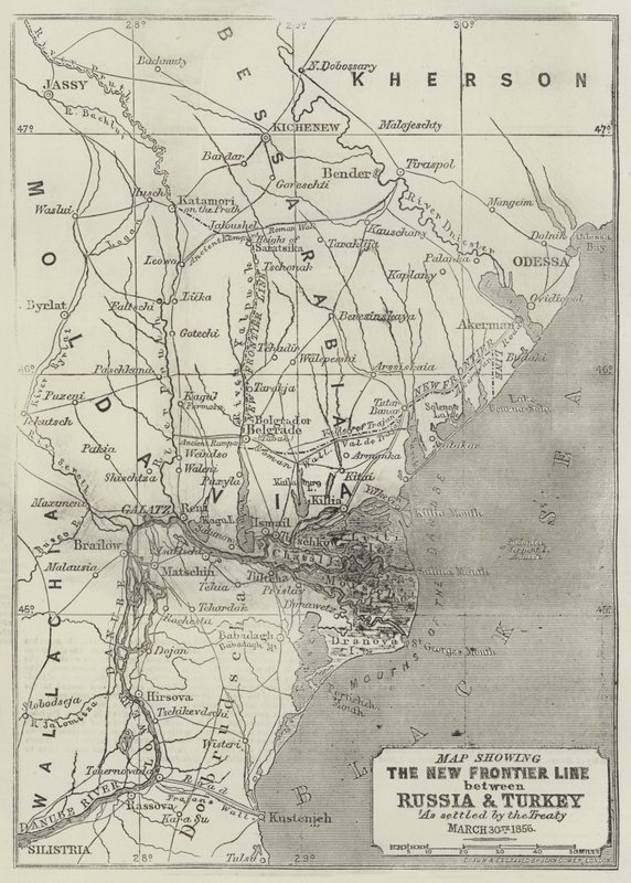 Rusya ile Türkiye arasındaki Yeni Sınır Çizgisini Antlaşma ile belirlendiği şekliyle gösteren harita, 30 Mart 1856 by John Dower