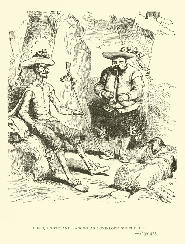 Aşka düşkün çobanlar olarak Don Kişot ve Sancho by John Gilbert