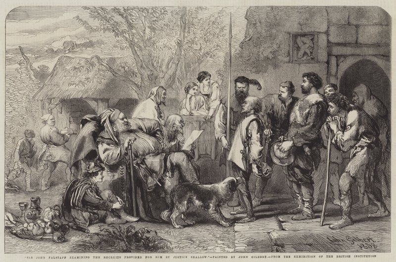 Sir John Falstaff, Justice Shallow tarafından kendisine sağlanan Acemileri inceliyor by John Gilbert