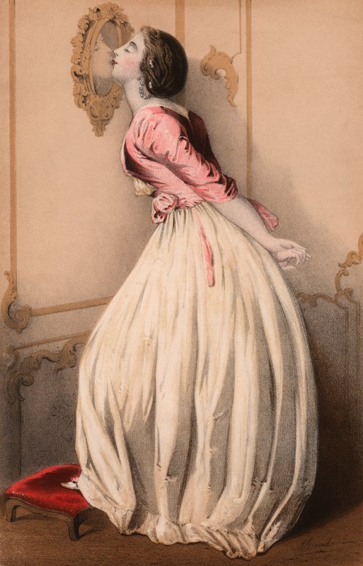 Güzel kız aynadaki yansımasını öpüyor (renkli taş) by John (after) Brandard