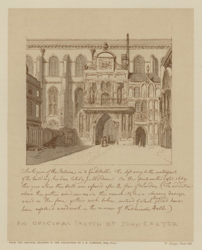 Guildhall girişinin güney görünümü, Londra Şehri (litho) by John (after) Carter