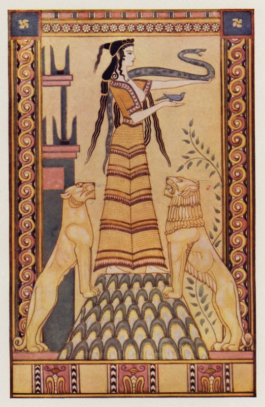 Girit#39;in Yılan Tanrıçası (renkli litho) by John (after) Duncan