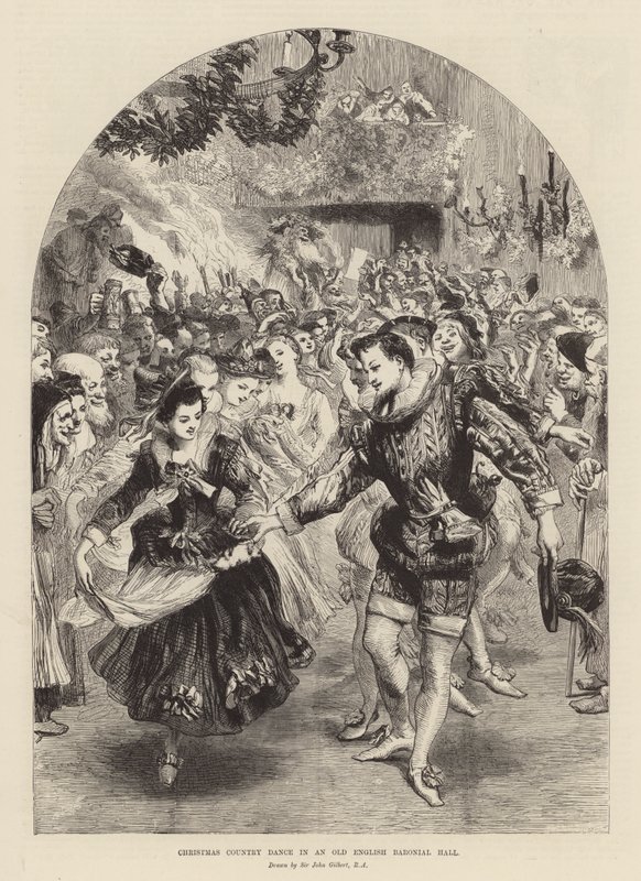 Eski bir İngiliz baronial salonunda Noel ülke dansı (gravür) by John (after) Gilbert