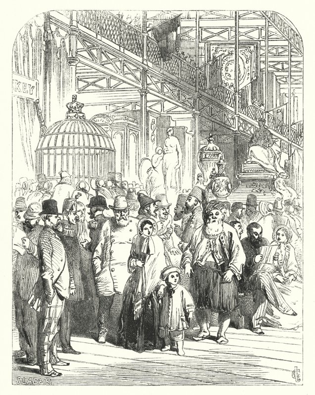 Crystal Palace, Hyde Park, Londra, 1851 Büyük Sergisinin yapıldığı yerdeki katılımcılar ve ziyaretçiler (gravür) by John (after) Gilbert