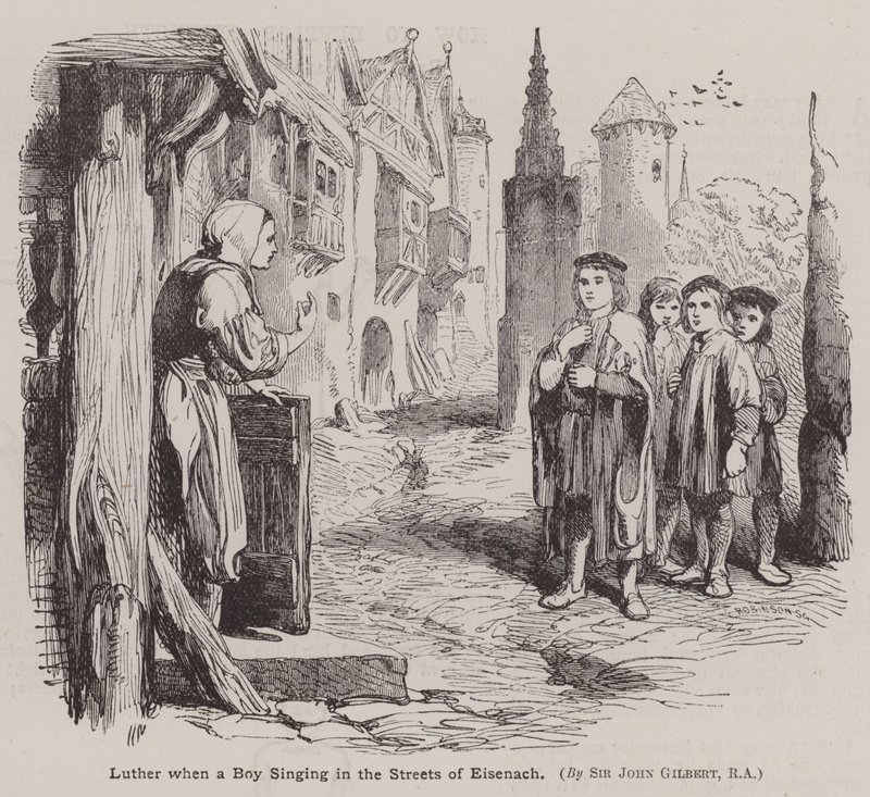 Martin Luther, Eisenach sokaklarında şarkı söyleyen bir çocuk (gravür) by John (after) Gilbert