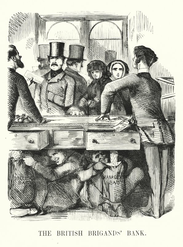 Punch karikatür: The British Brigands' Bank - bankacılıkta yolsuzluk ve Royal British Bank'ın çöküşü (gravür) by John (after) Leech
