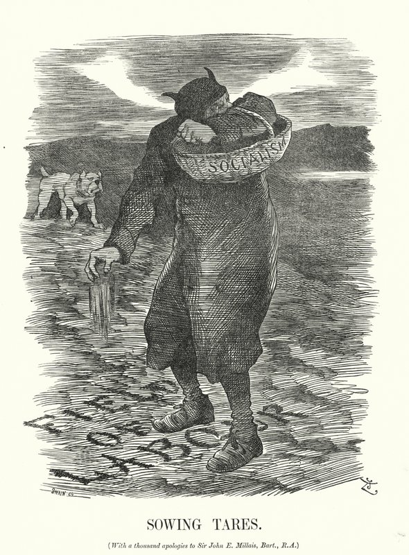 Yumruk karikatürü: Tares Sowing - İngiliz işçiler arasında Sosyalizmin yayılma korkusu (gravür) by John (after) Tenniel