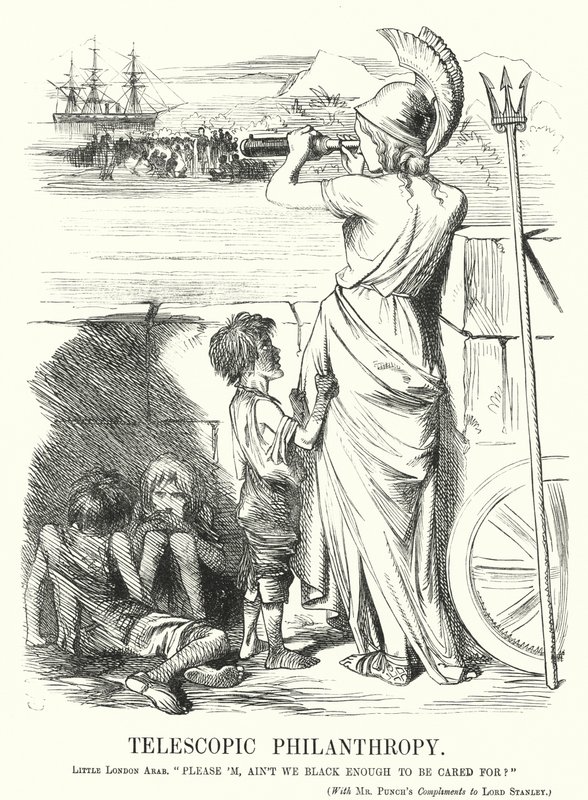 Punch karikatür: Teleskopik Hayırseverlik - Viktorya dönemi orta sınıflarının evde bronzlaşmak yerine yurtdışındaki yoksullara yardımla meşgul olması (gravür) by John (after) Tenniel