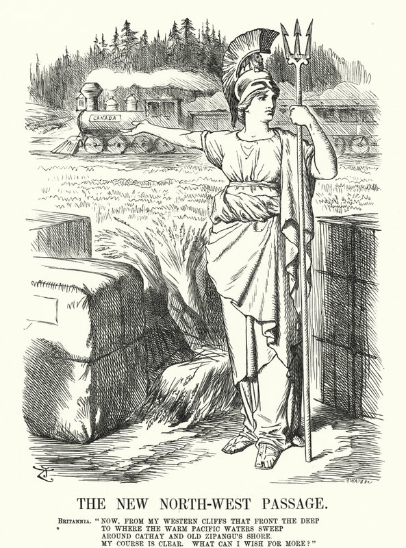 Yumruk karikatür: Yeni Kuzey-Batı Geçidi - Kanada Pasifik Demiryolu (gravür) by John (after) Tenniel