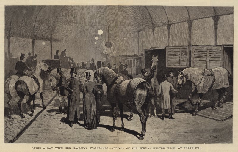 Majestelerinin geyikleriyle geçen bir günün ardından, özel av treninin paddington'a gelişi by John Charles Dollman