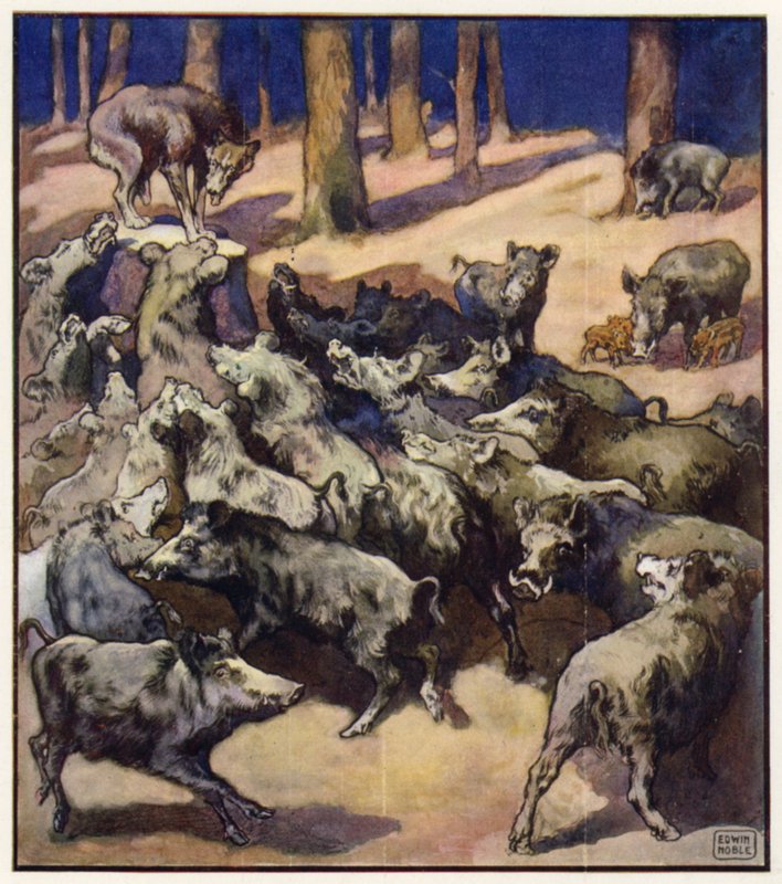 Kütüğün ortasında büyük bir gri kurt (renkli lito) duruyordu. by John Edwin Noble