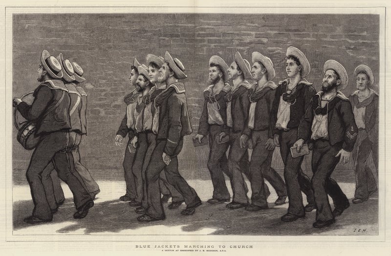 Kiliseye yürüyen mavi ceketliler by John Evan Hodgson