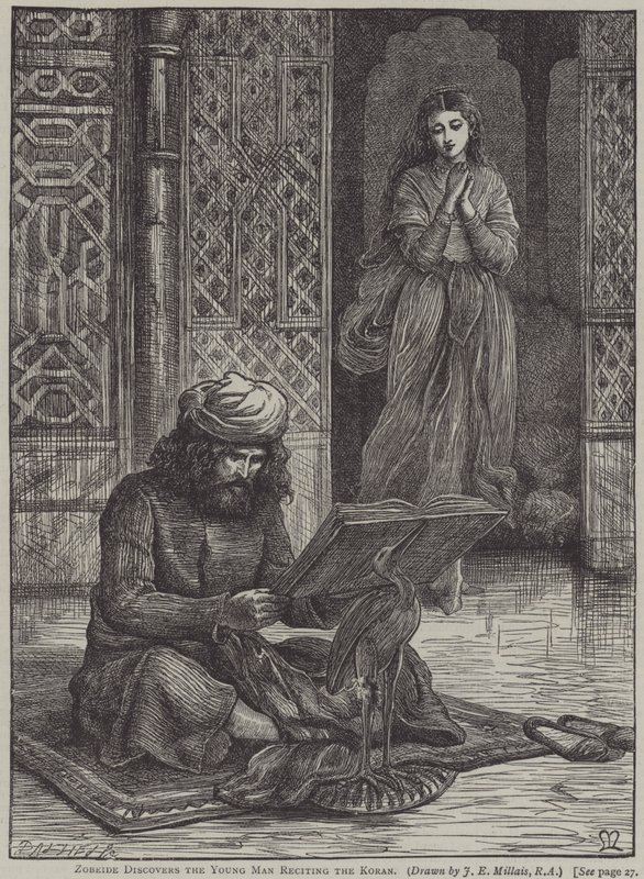 Zobeide Kuran okuyan genci keşfeder (gravür) by John Everett (after) Millais