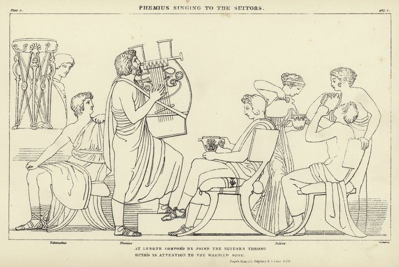 Taliplere şarkı söyleyen Phemius by John Flaxman