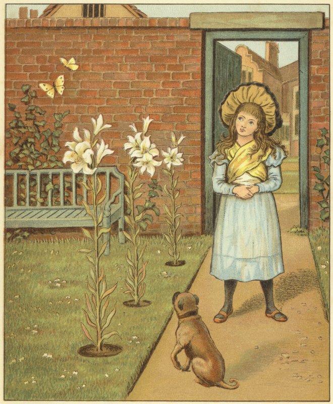 Duvarlarla çevrili bir bahçedeki kız, zambaklar ve köpeğinin yanında (renkli taş) by John George (after) Sowerby