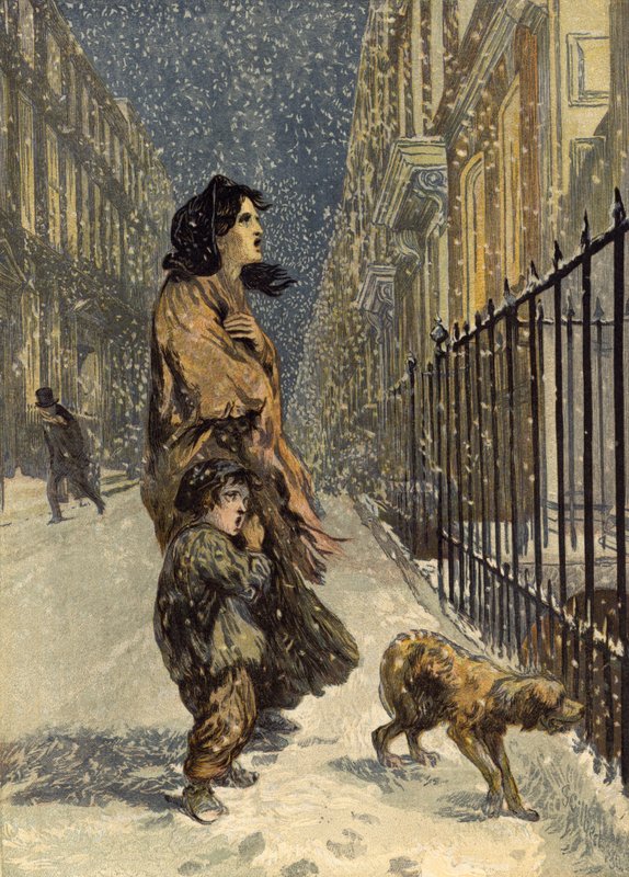 Evsiz yoksul, anne ve çocuğu karda köpekle (chromolitho) by John Gilbert