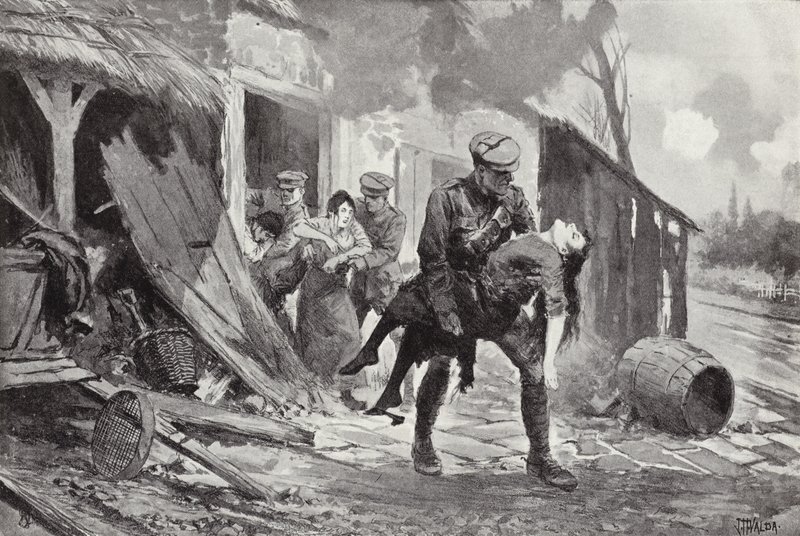 Topçu J Rafferty, yaralı bir kadını bombalanan bir çiftlik evinden güvenli bir yere taşıyor, Birinci Dünya Savaşı by John Harris Valda
