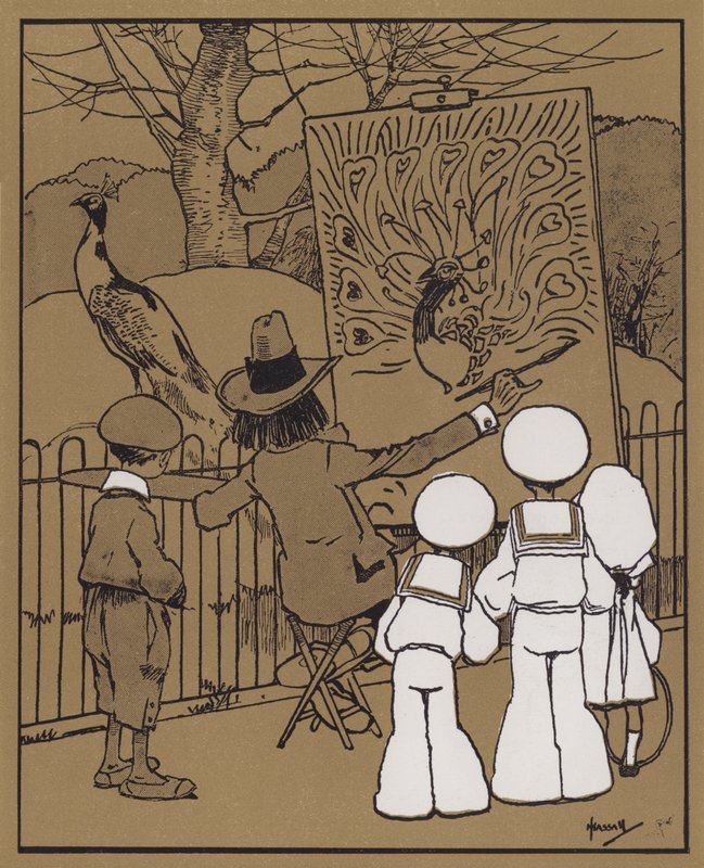 Tavus Kuşu ve Dekoratif Sanatçı (renkli taş) by John Hassall