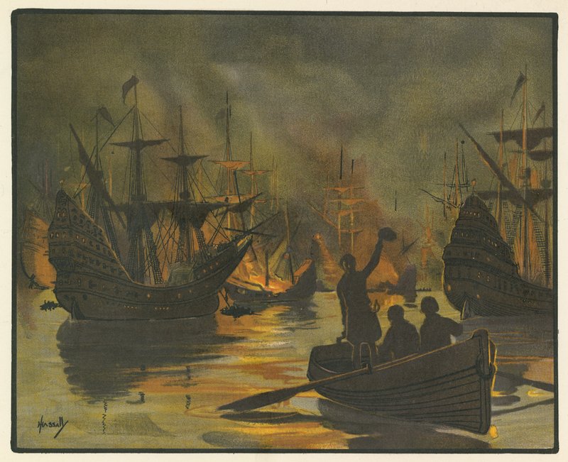 Ateş gemileri tarafından saldırıya uğrayan yenilmez Armada (renkli taş) by John Hassall