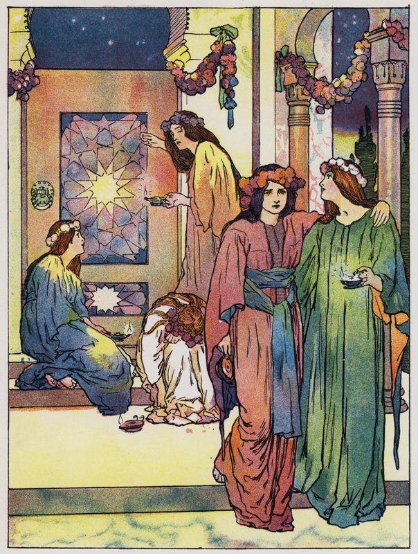 Bakireler kalkar ve lambalarını süsler (renkli lito) by John Hassall