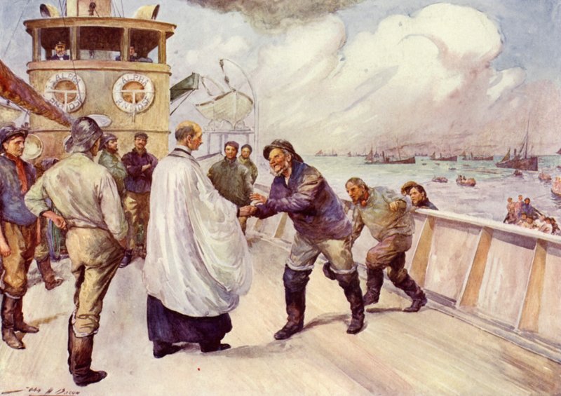 İbadet için bir araya gelen Kuzey Denizi balıkçı filosunun balıkçıları (renkli taş) by John Henry Frederick (after) Bacon