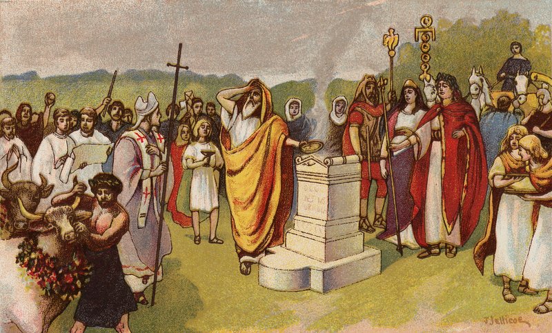 Büyük Konstantin ilk Hıristiyanlar gelirken bir kurban sunarken, York, 306 (chromolitho) by John Jellicoe