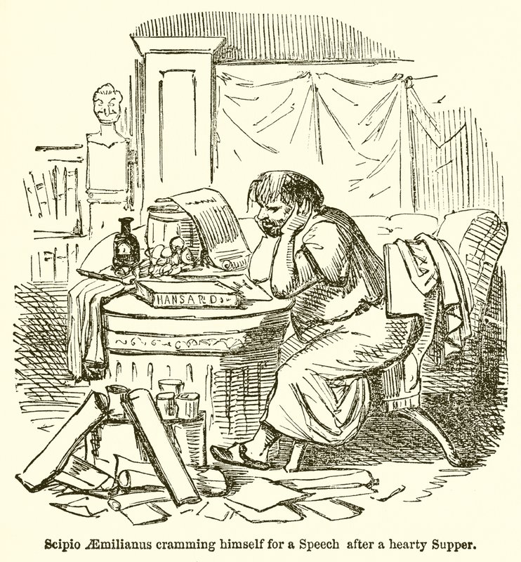 Scipio Aemilianus Cramming himself for a Speech after a Hearty Supper  by John Leech