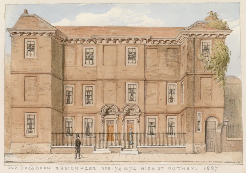 Eski Jakoben konutları, Nos 72 ve 74, High Street, Putney, Londra, 1887 by John Phillipp Emslie